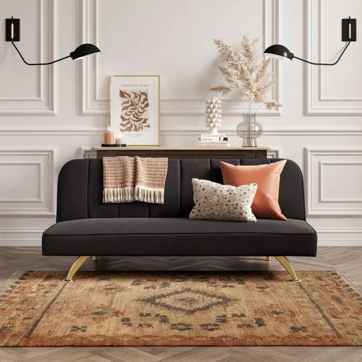 Burlington Sofa Bed Black Velvet / Brushed Gold