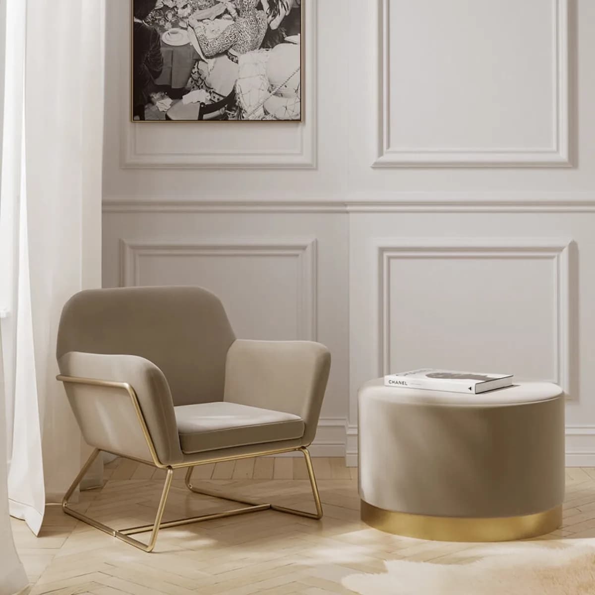 Lara Pouffe Beige Velvet / Brushed Gold Large