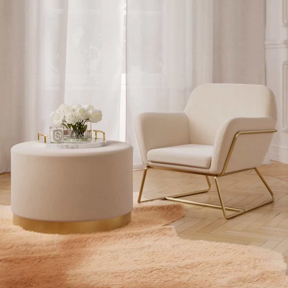 Lara Pouffe Cream Velvet / Brushed Gold Large