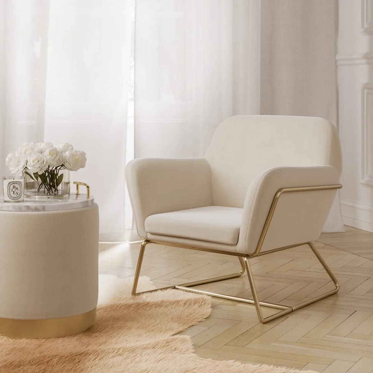 Lara Pouffe Cream Velvet / Brushed Gold Small