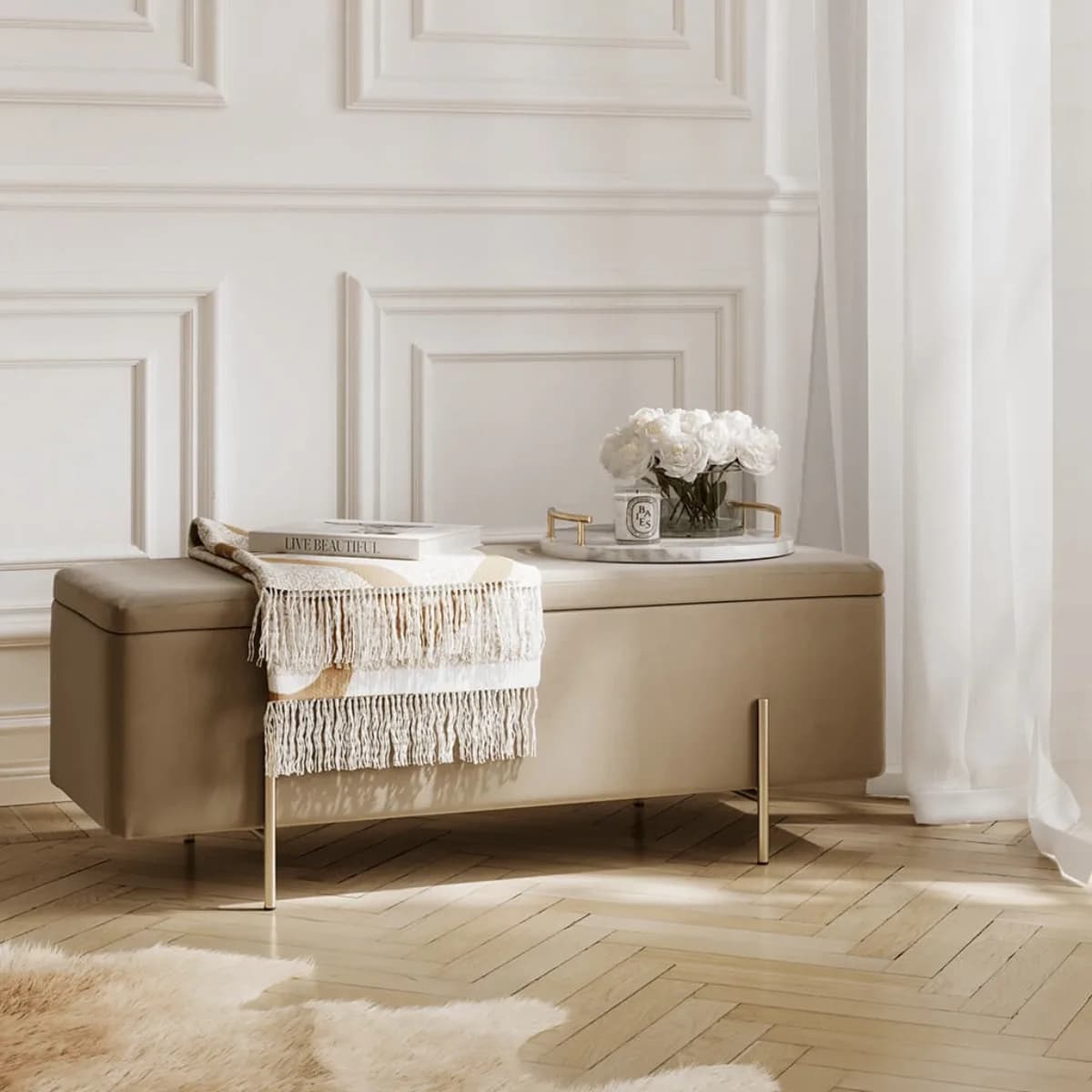 Lola Storage Ottoman Beige Velvet / Brushed Gold