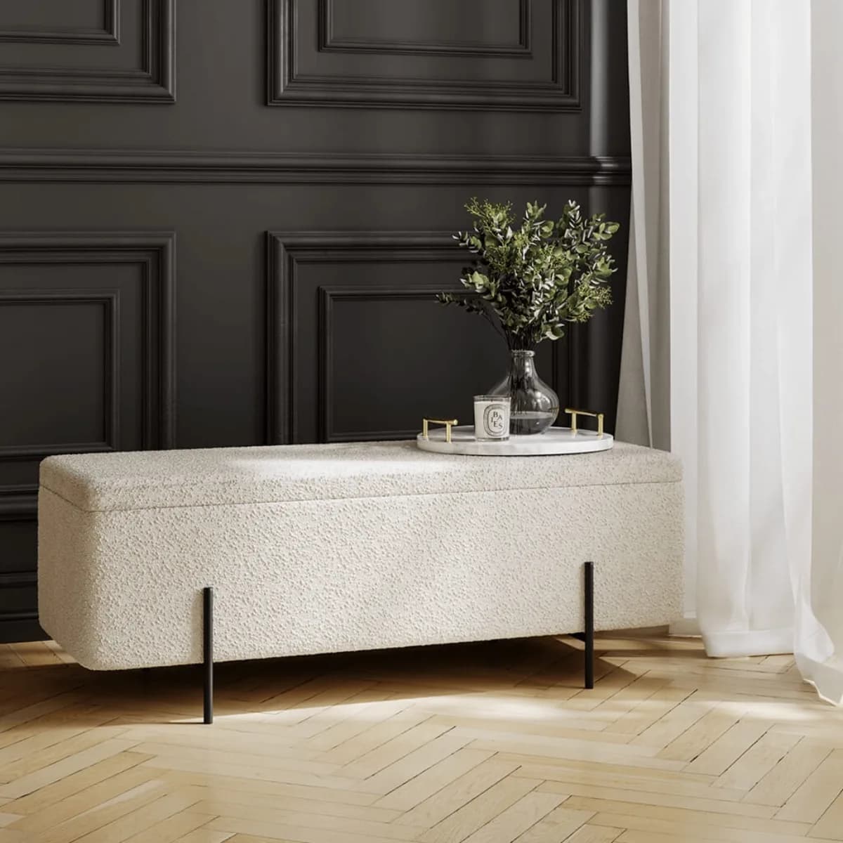 Lola Storage Ottoman Ivory Boucle / Matte Black