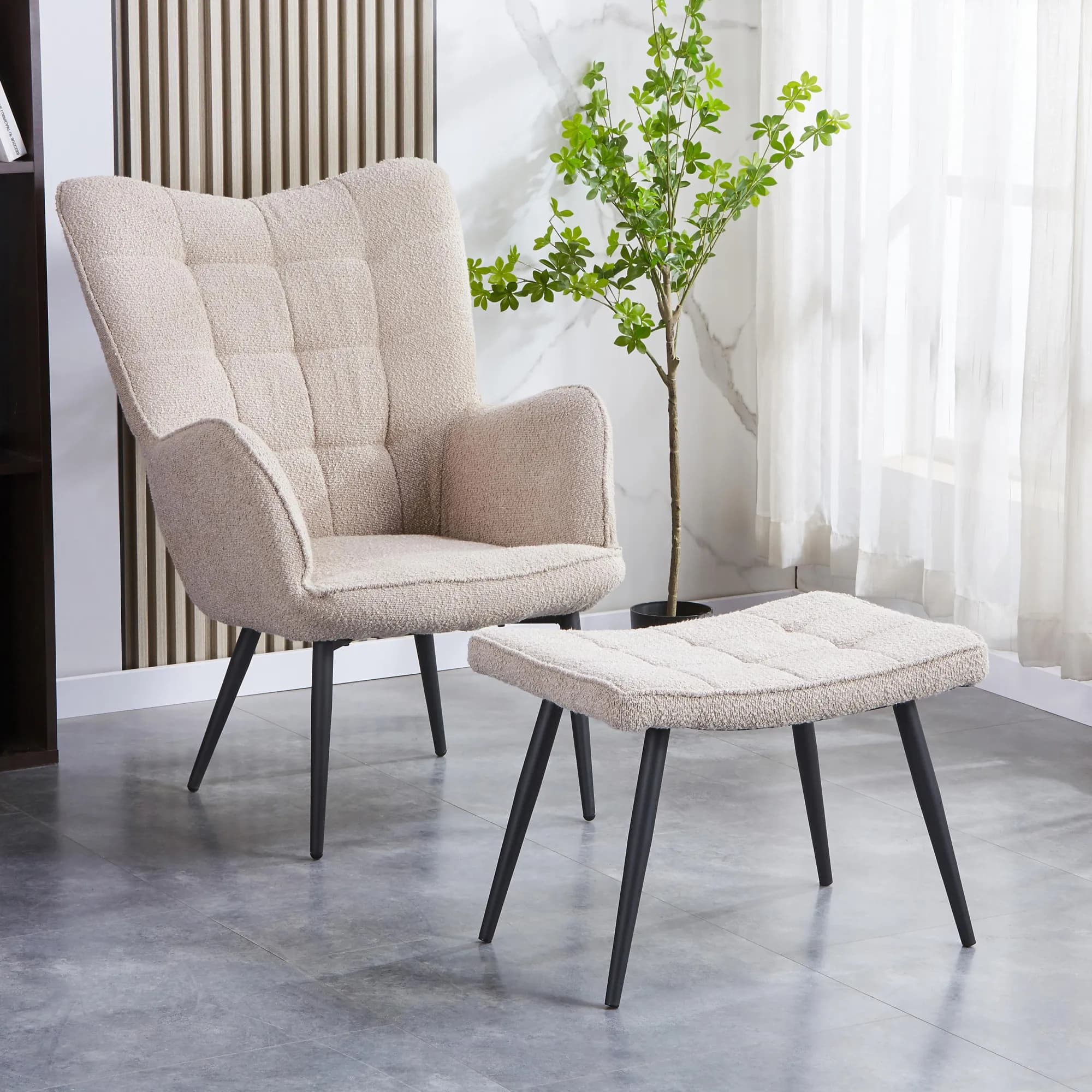 Paris Boucle Light Brown Armchair & Footstool